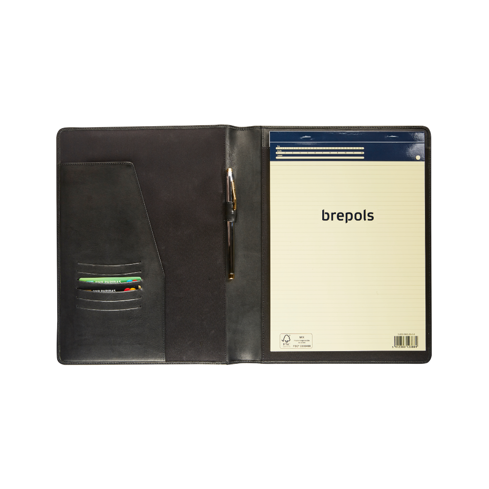 Interior view of the black leather A4 conference folder showing a notepad, pen holder, and organizational pockets.