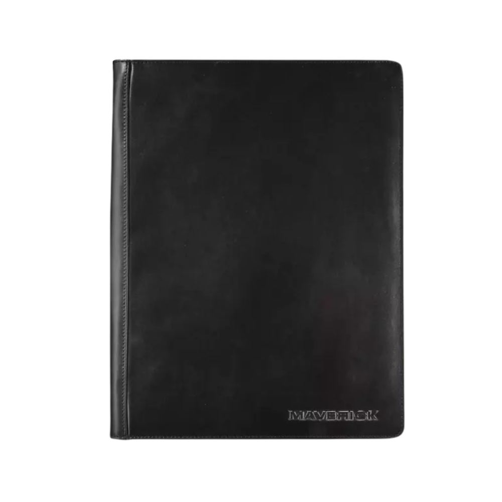 Front view of a black leather conference folder with a minimalist design and embossed 'Maverick' logo.
