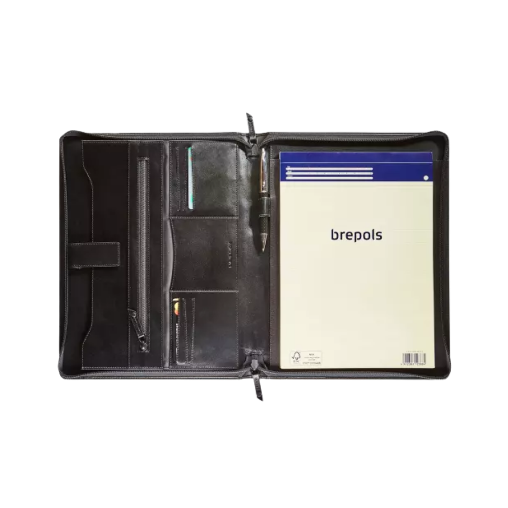 Interior view of the black leather conference folder showing a notepad, pen holder, and organizational pockets.