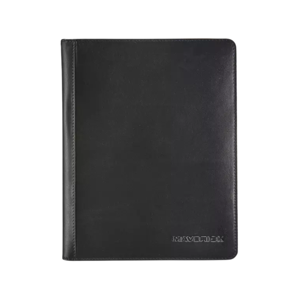 Front view of a black leather A5 conference folder with a sleek, minimalist design and embossed 'Maverick' logo.