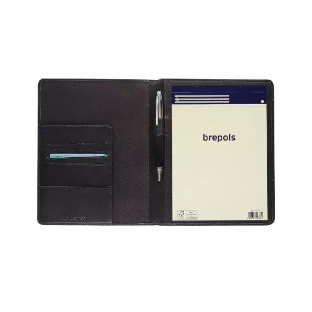 Interior view of the black leather A5 conference folder showing a lined notepad, pen holder, and organizational pockets.