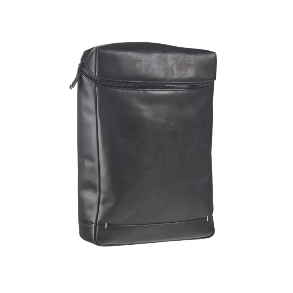 Black leather backpack with a sleek, minimalist design and top zipper closure.