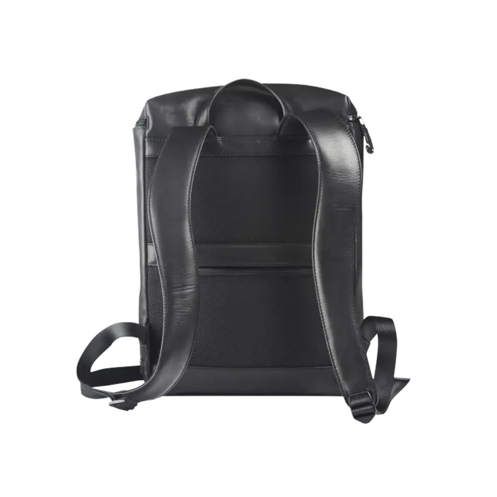 Side view of the black leather backpack showing its slim profile and shoulder straps.