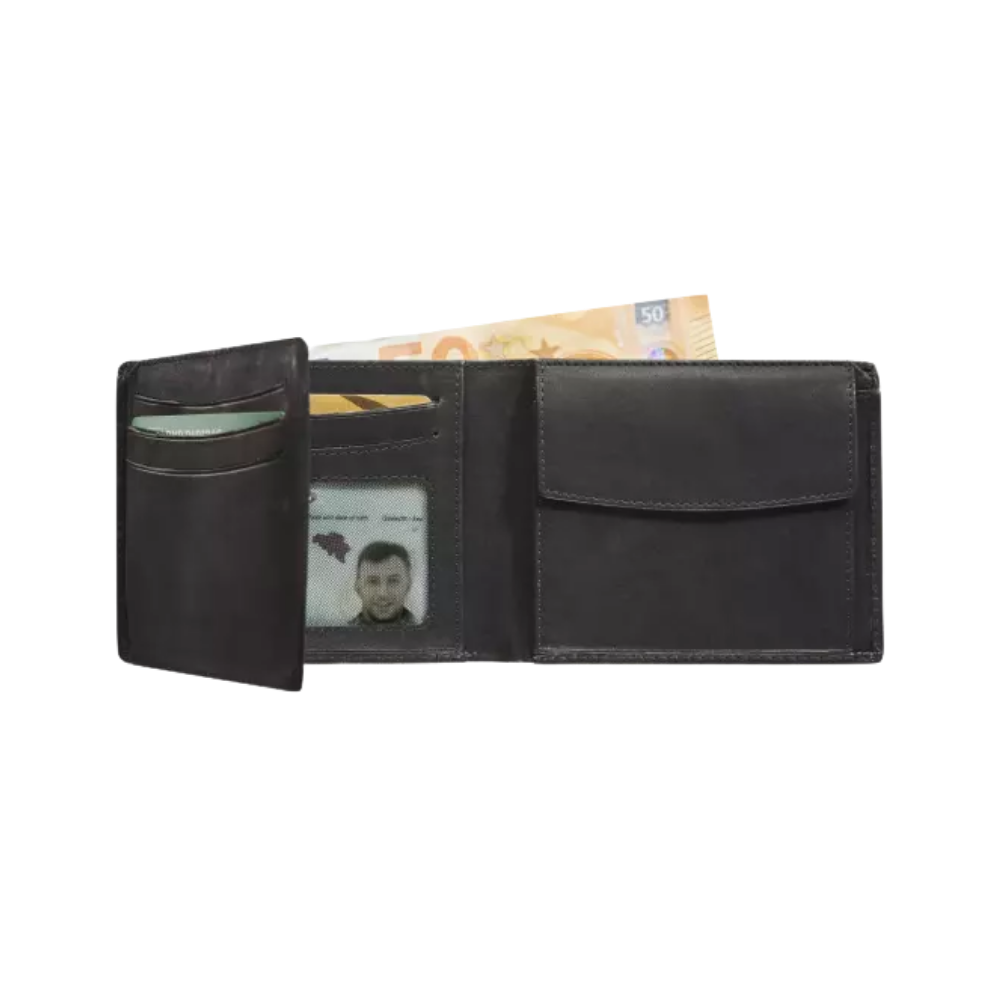 Interior view of a black leather wallet showing card slots, ID window, and folded banknotes