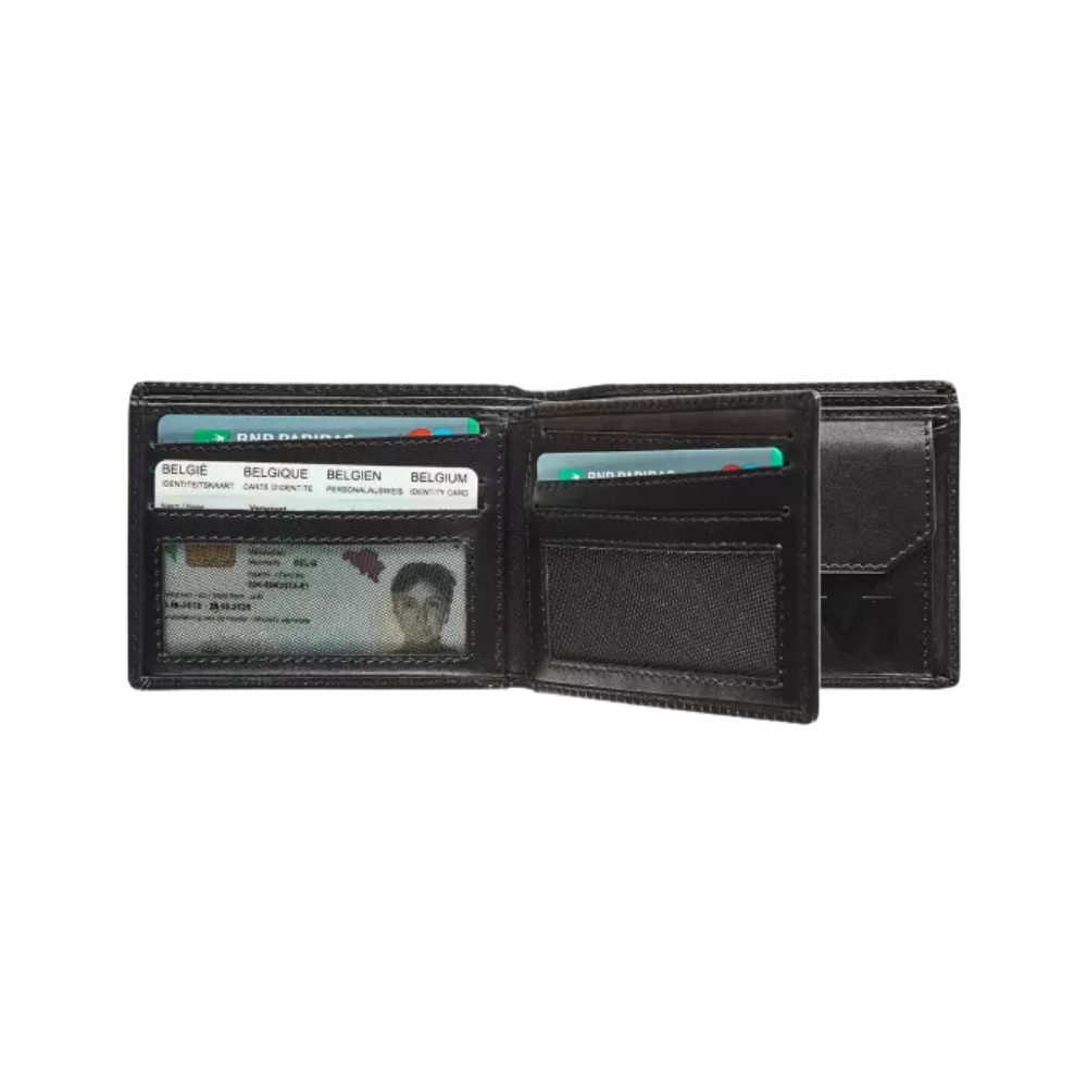Interior view of a black leather wallet showing card slots, ID window, and folded banknotes.