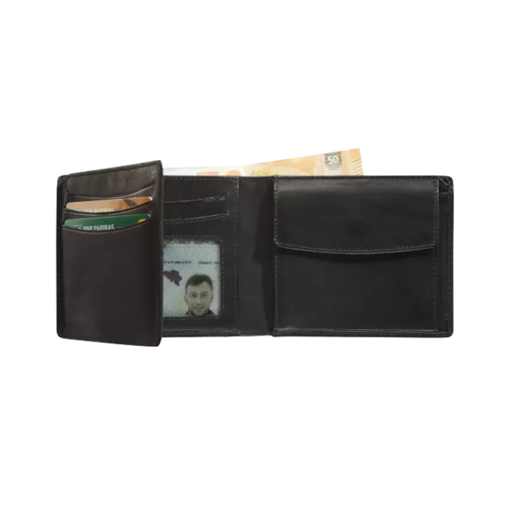 Interior view of a black leather wallet showing card slots, ID window, and folded banknotes.