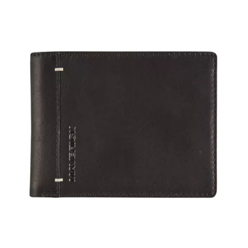 Black leather wallet with a clean, simple front design and stitching along the side.