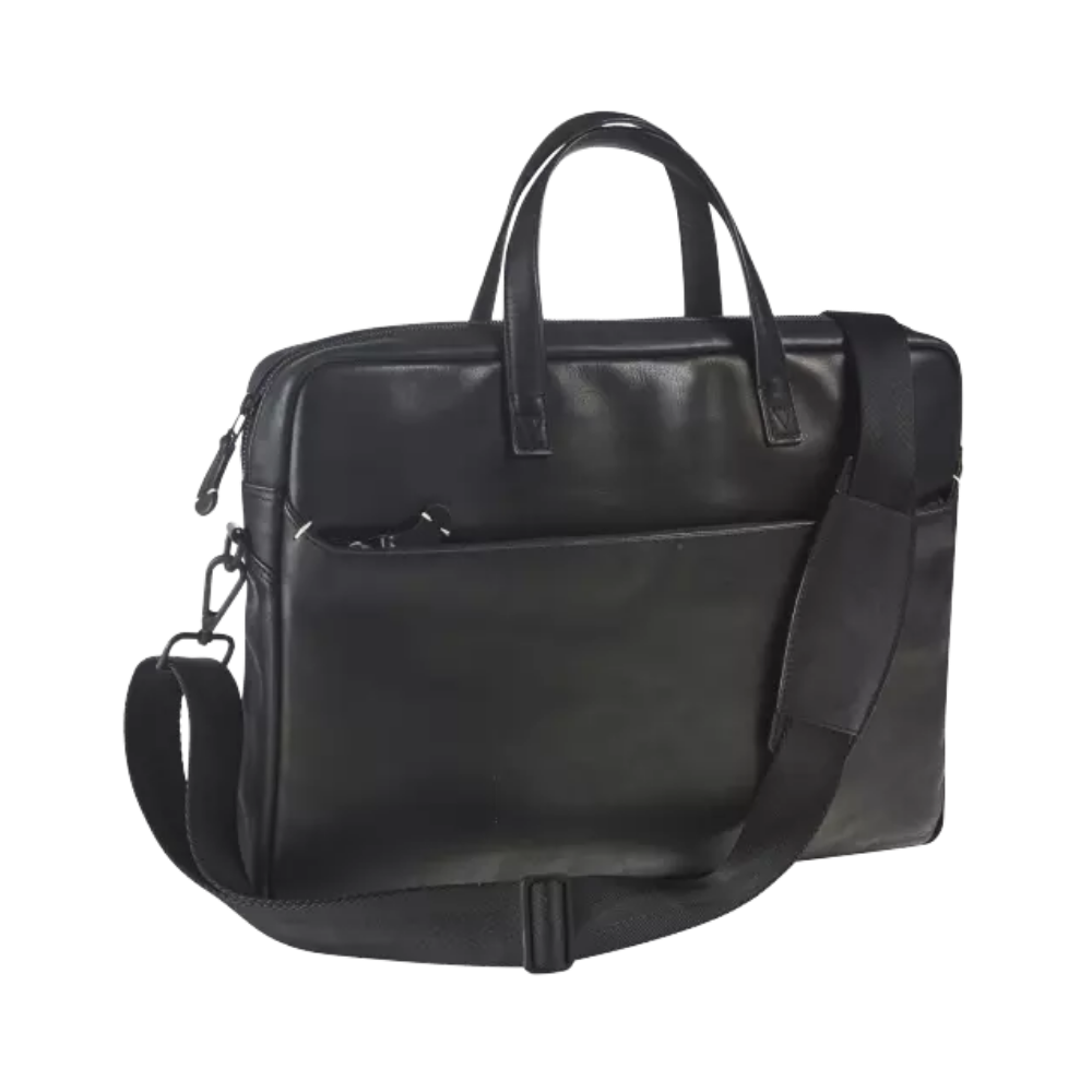 Black leather business bag with top handles and a removable shoulder strap.