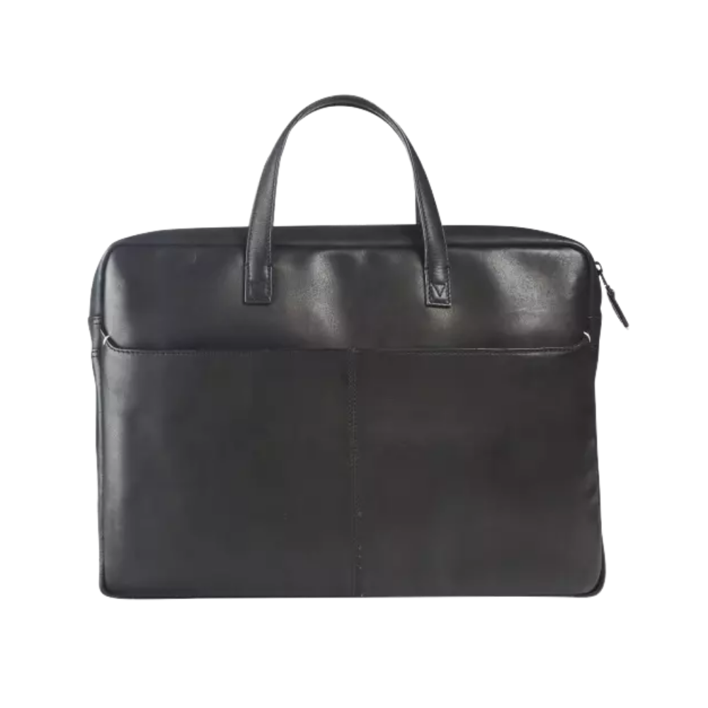 Back view of the black leather business bag showing the main compartment and a smooth, minimalist design.