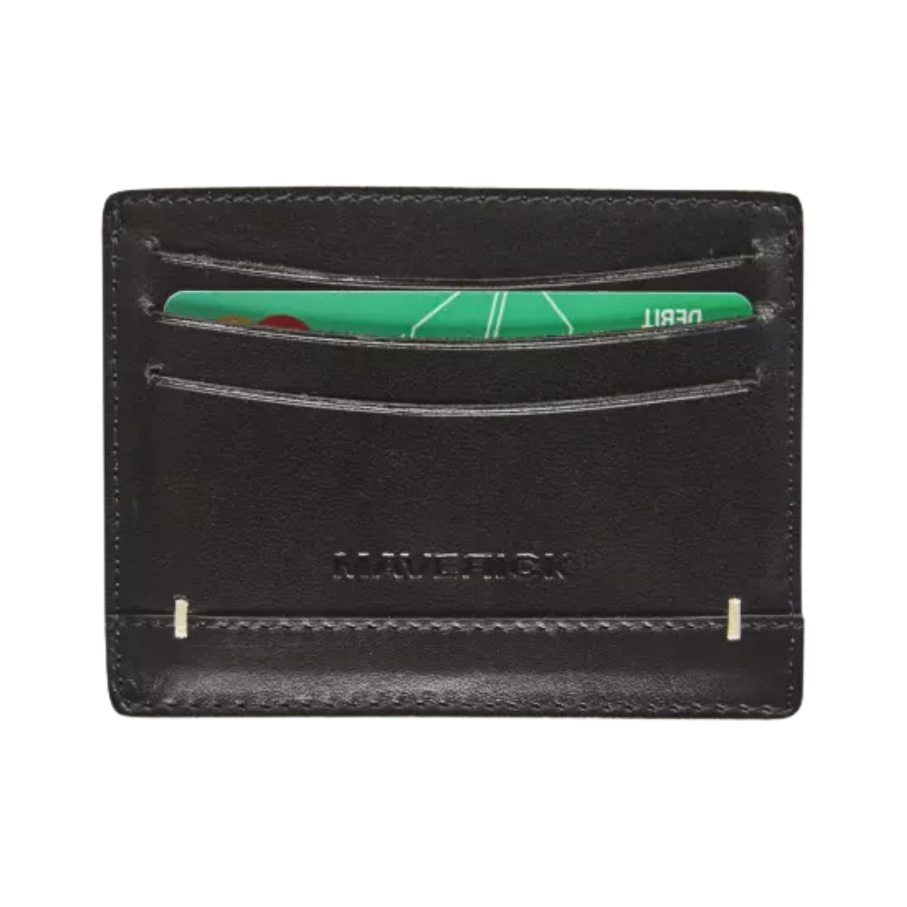 Front view of a black leather cardholder with two card slots visible at the top and bottom.