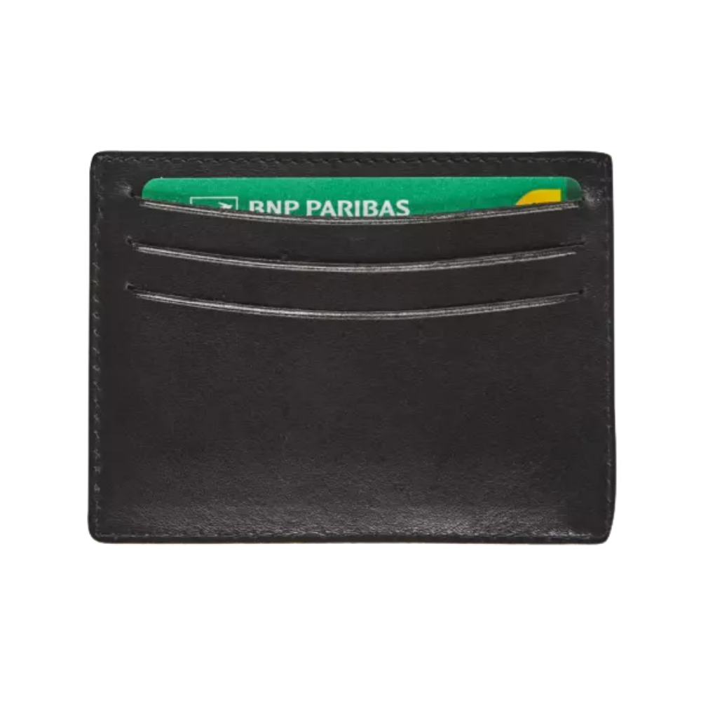 Side view of the black leather cardholder showing its compact profile and the cards inside.