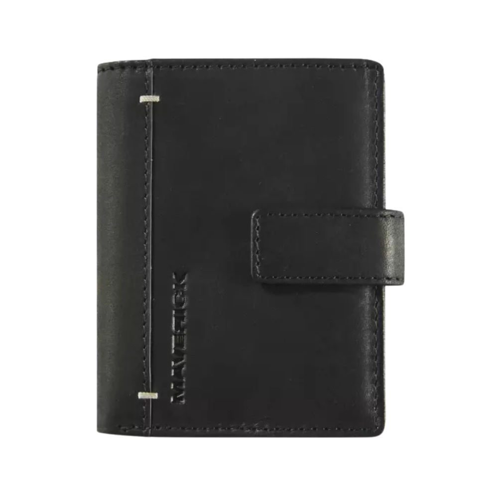 Front view of a black leather cardholder with a clasp closure and subtle stitching.