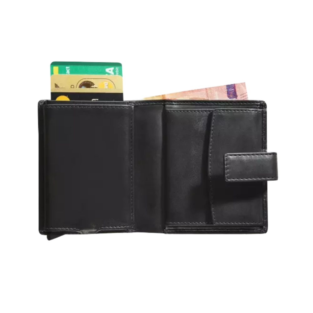 Interior view of the black leather cardholder showing cards, an ID compartment, and a banknote section.