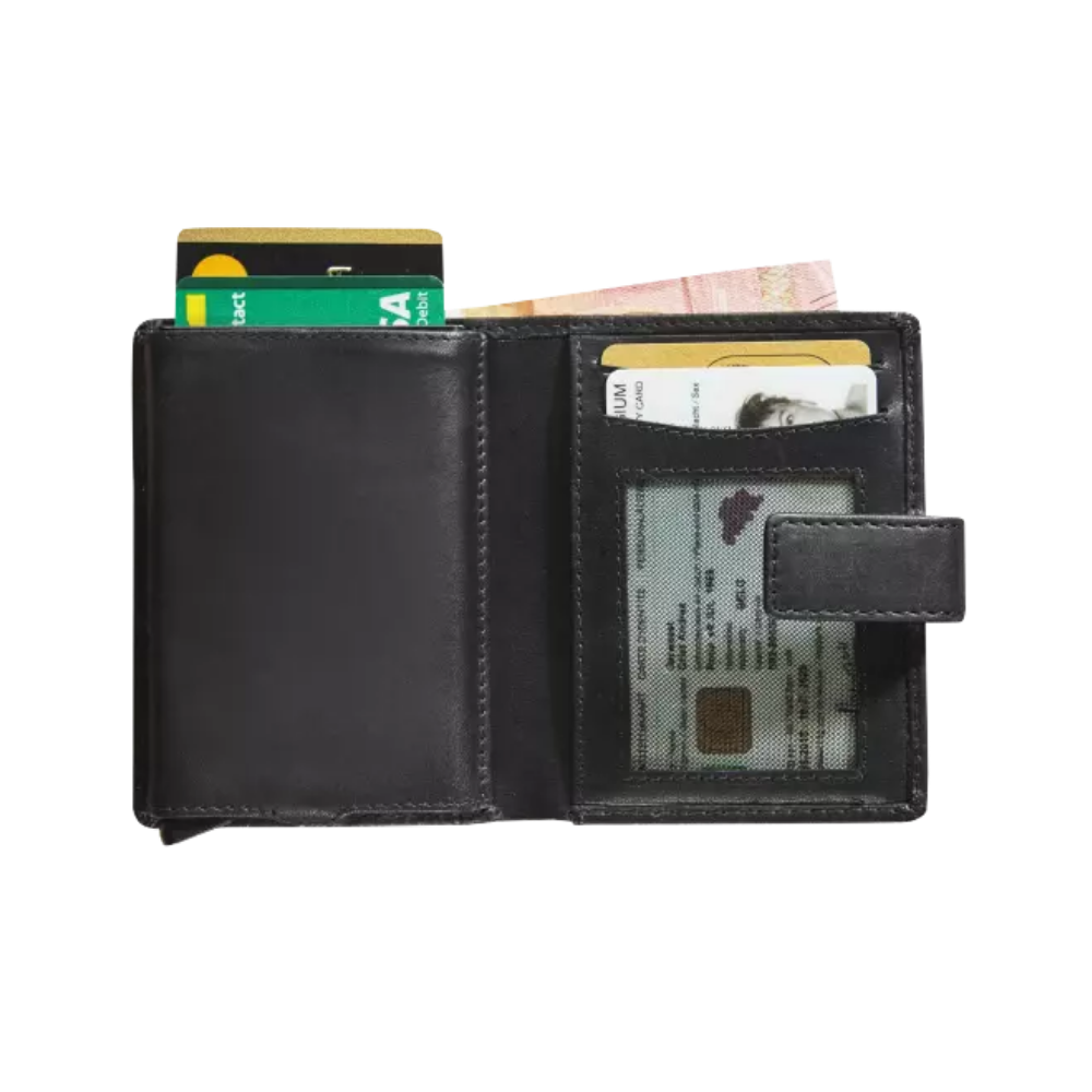 Interior view of the black leather cardholder showing card slots and a clear ID compartment.