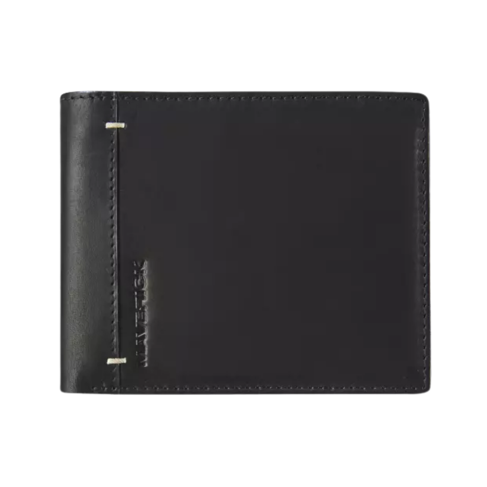 Black leather wallet, compact design with simple stitching on the edges.