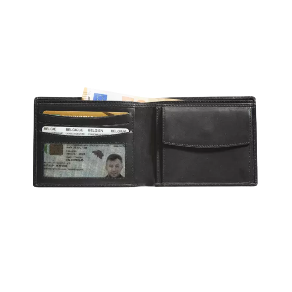Interior view of a black leather wallet showing card slots, ID window, and a bill compartment.