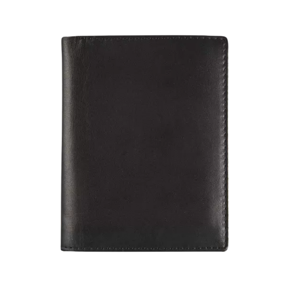 Back view of the black leather wallet, showing a smooth, minimalist design.