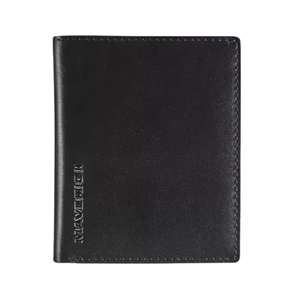 Front view of a black leather wallet with embossed 'MAVERICK' logo and a clean, minimalist design.