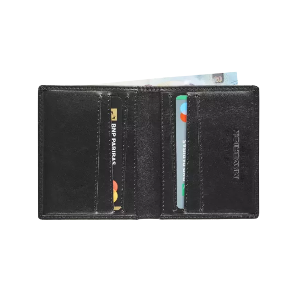 Interior view of the black leather wallet showing card slots and compartments for organization.