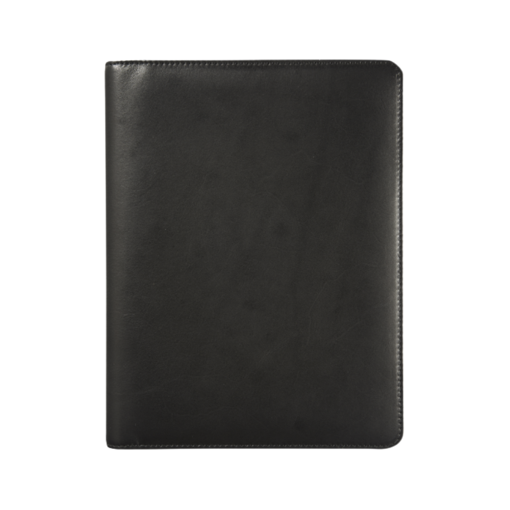Back view of the black leather A5 diary showing its simple, smooth design.