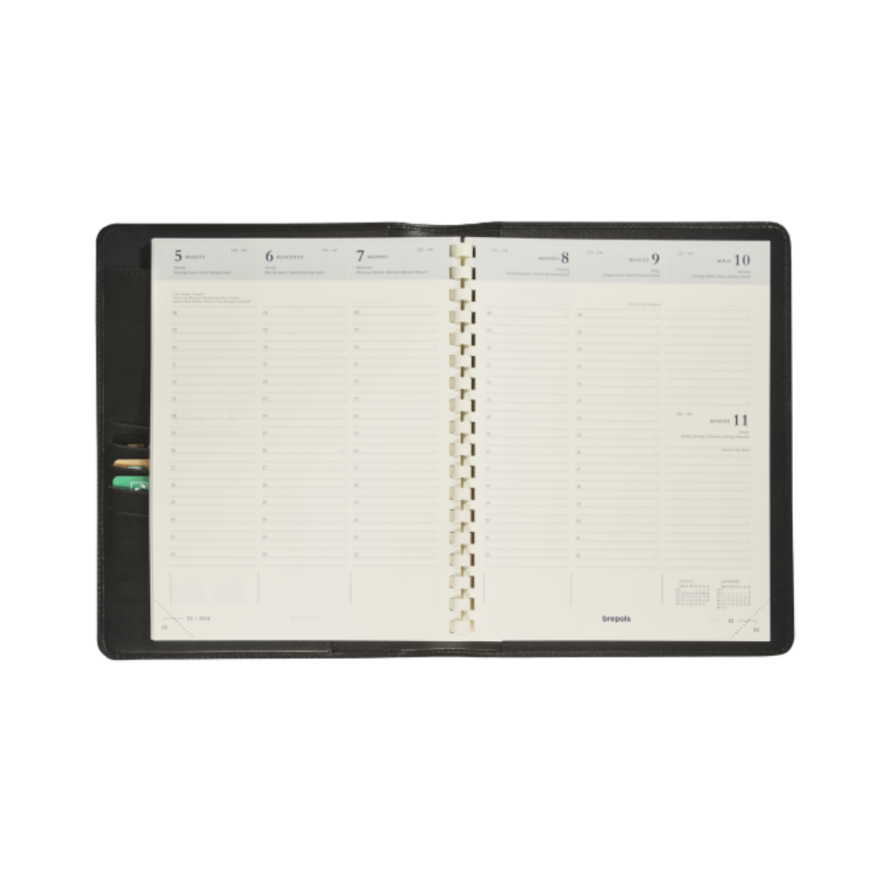 Interior view of the black leather A5 diary showing the weekly layout with organized space for tasks and appointments.