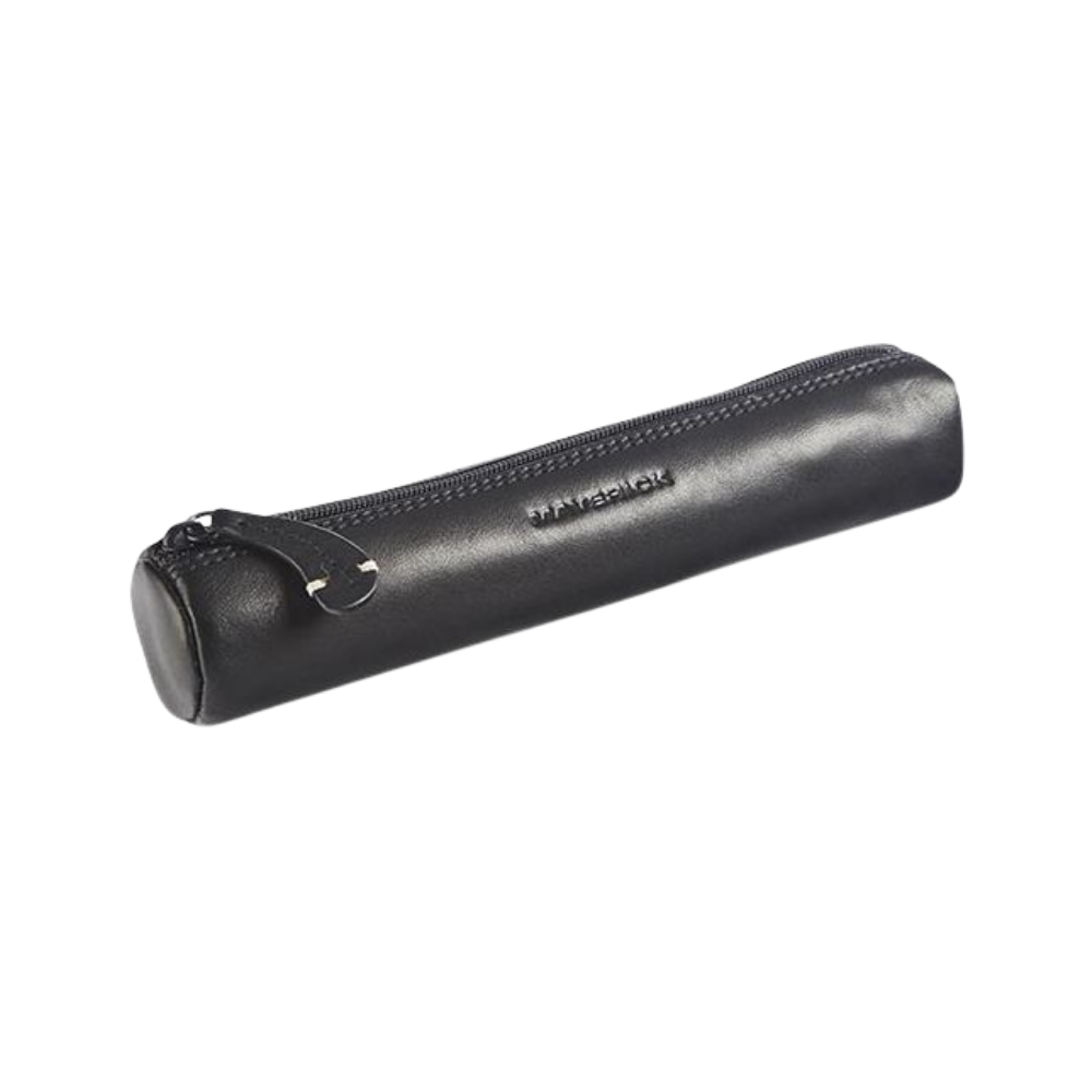 Front view of a black leather pencil case with a zipper, compact and sleek design.