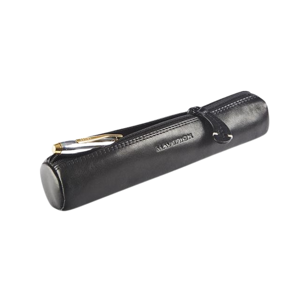 Side view of the black leather pencil case showing the zipper and smooth finish.