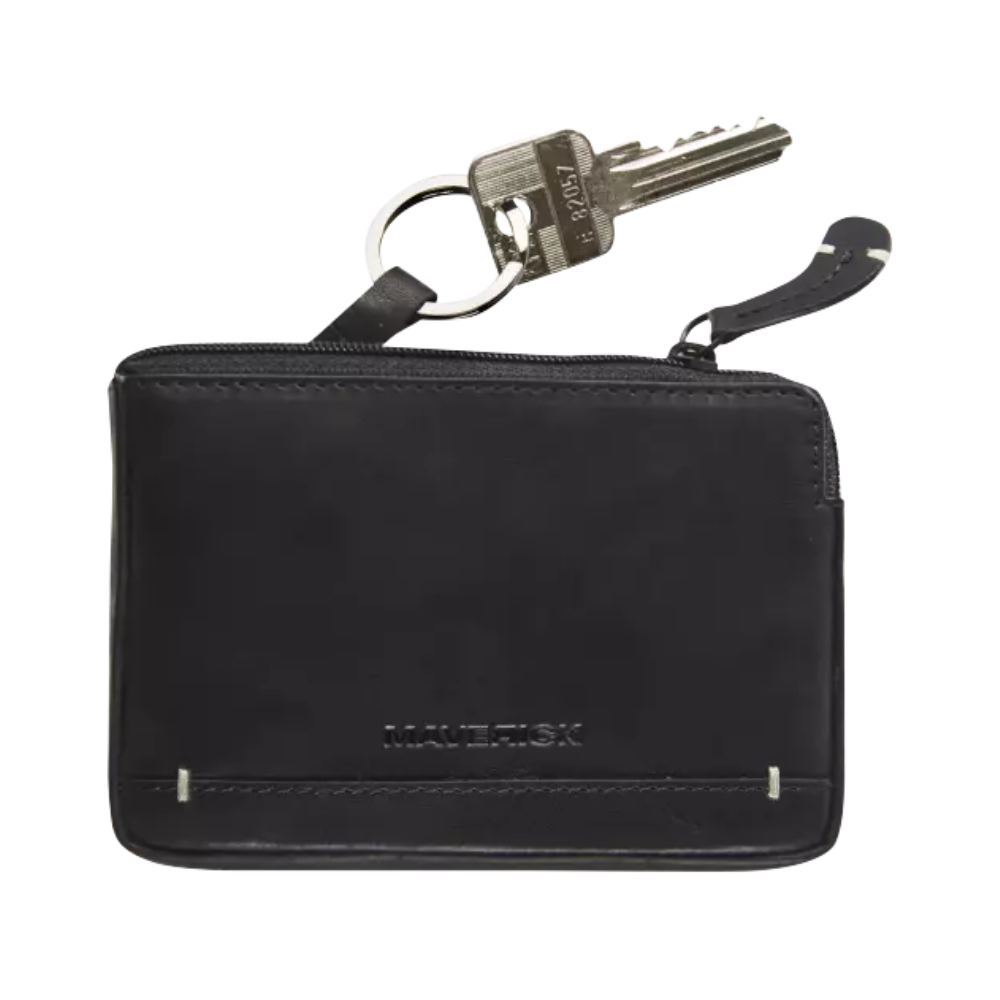 Side view of the black leather cardholder showing the keyring and compact design.
