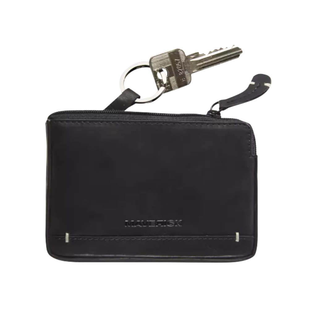 Side view of the black leather cardholder showing the keyring and compact design.