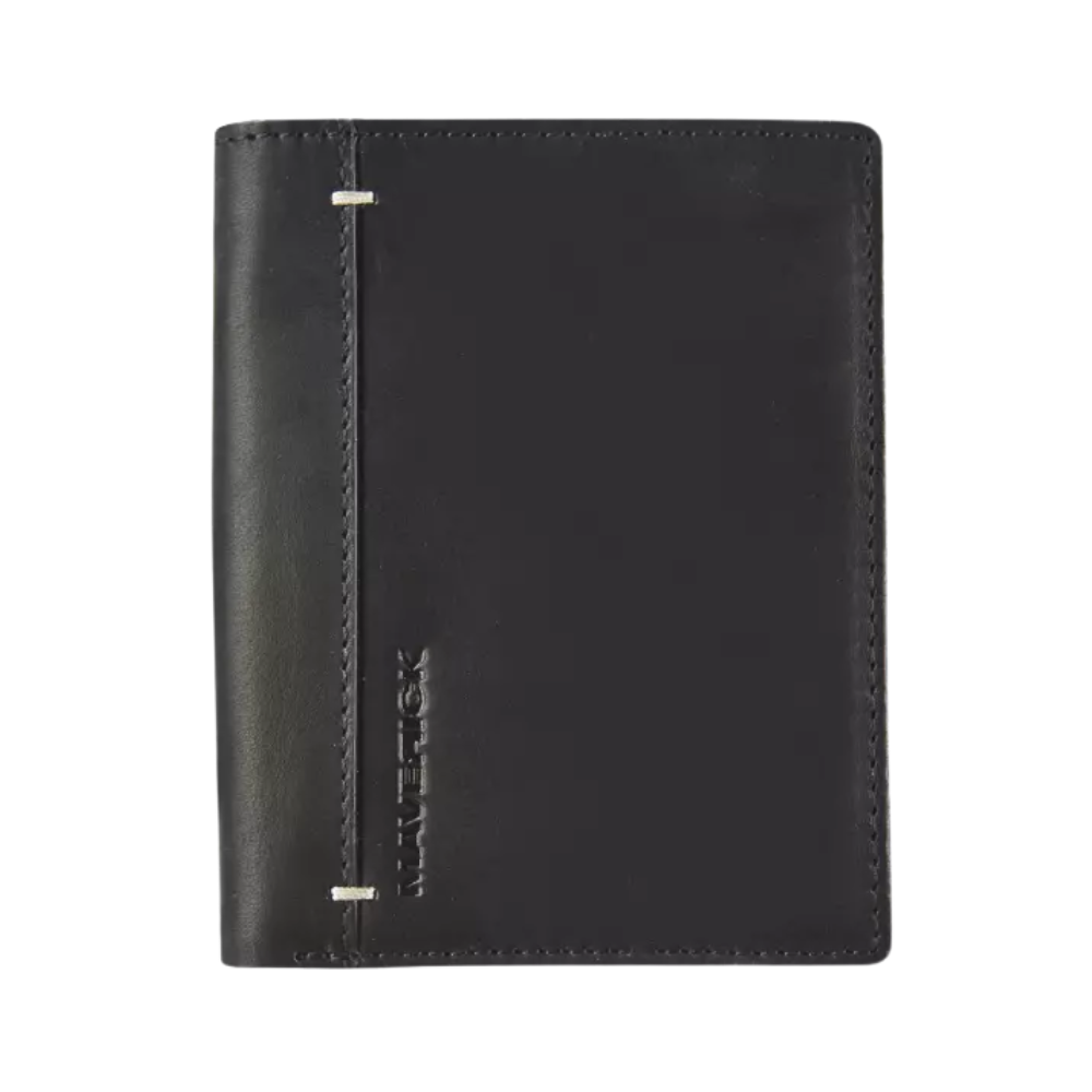 Front view of a black leather wallet with a simple design, featuring a clean, minimalist look and small stitching.