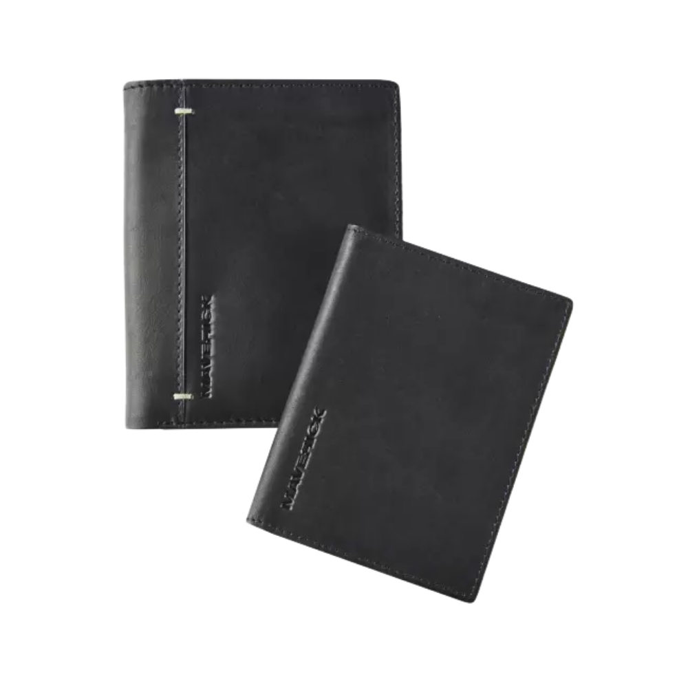 Back view of the black leather wallet showing a smooth, simple design.