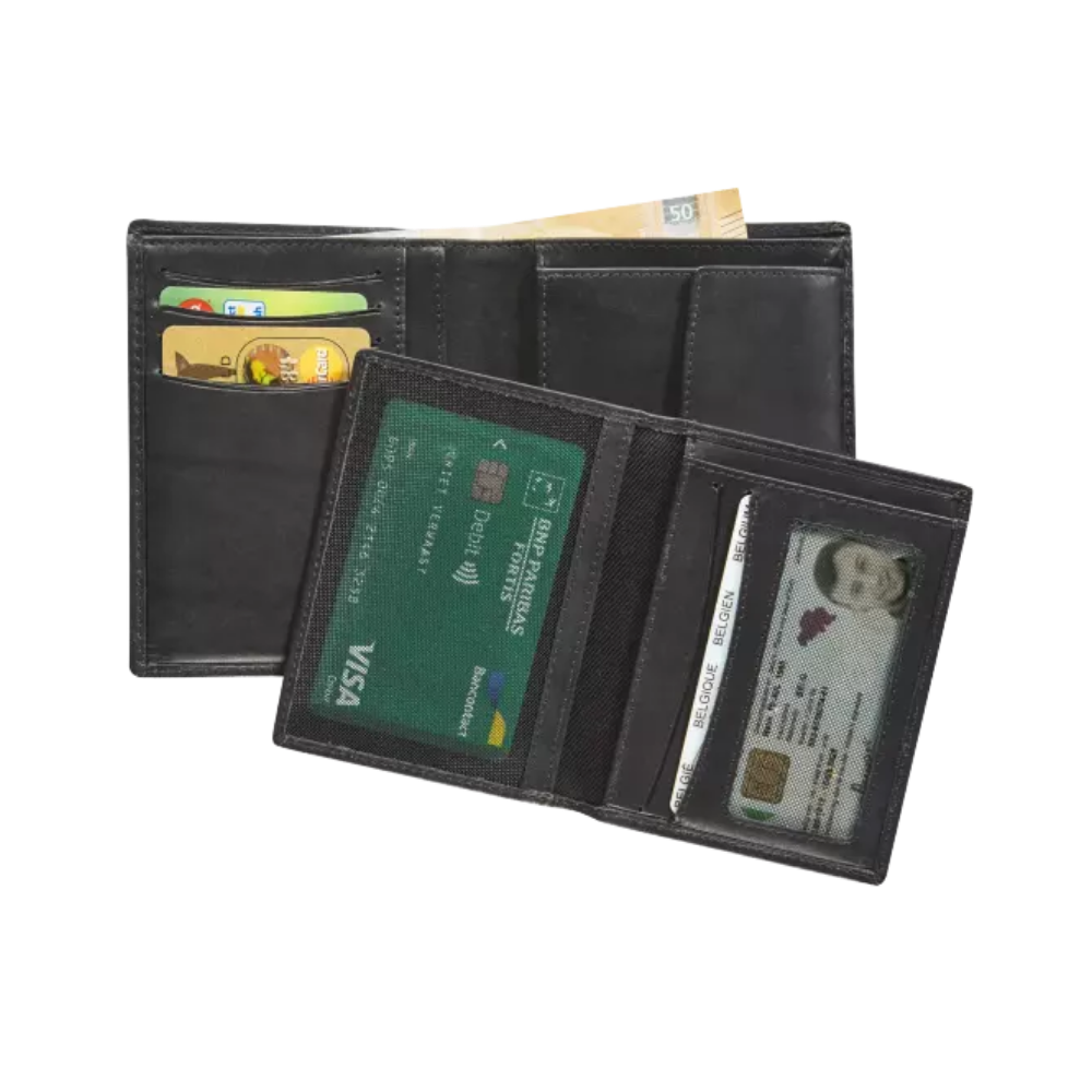 Another angle of the interior showing the card slots and additional compartments of the black leather wallet.