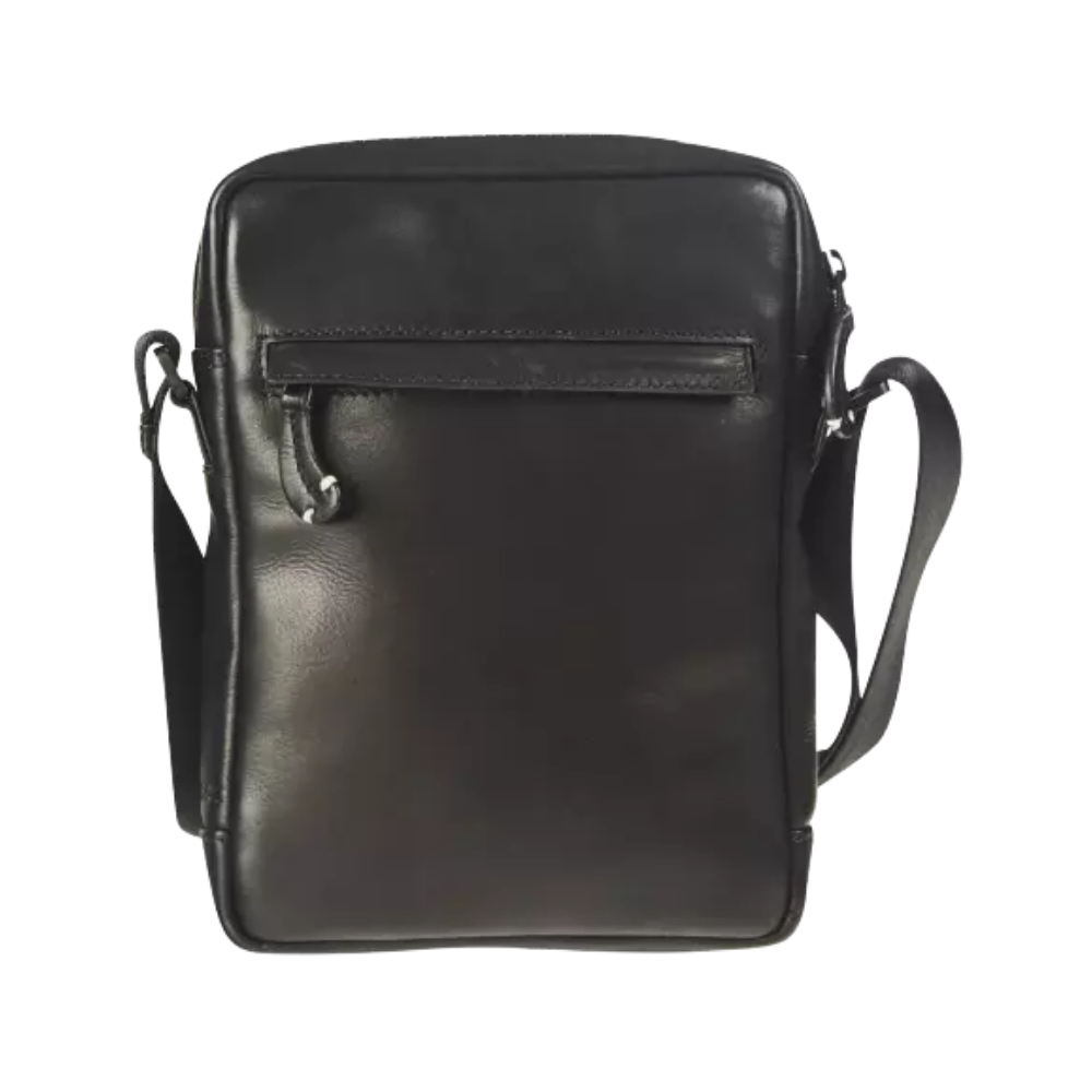Front view of a black leather compact shoulder bag with a zipper pocket at the front.