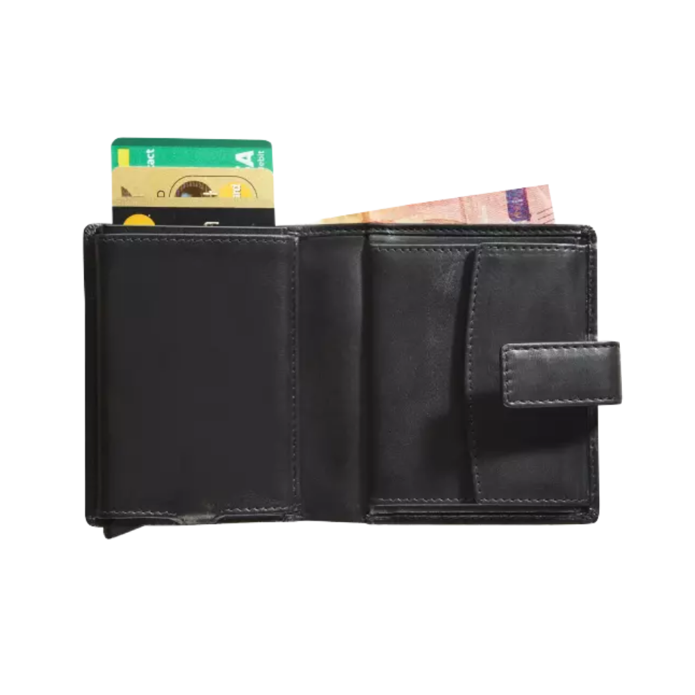 Interior view of a black leather wallet showing cards and banknotes in separate compartments.
