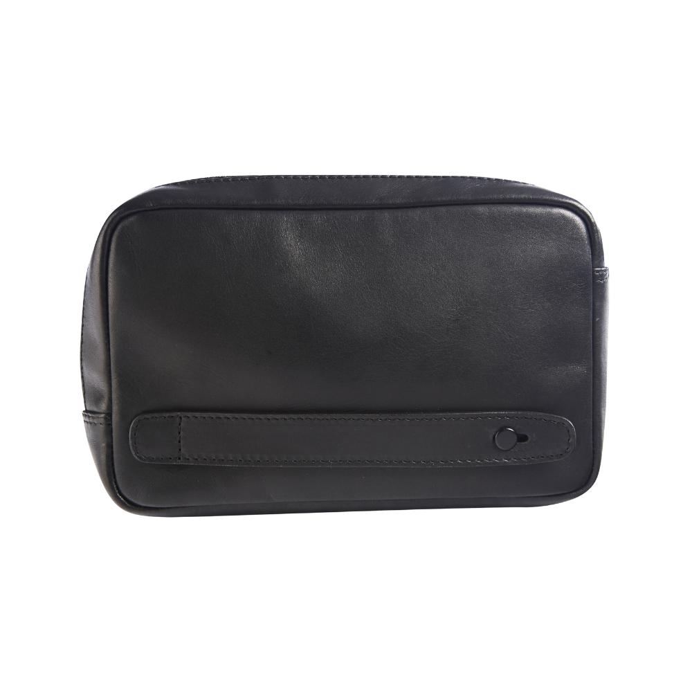 Front view of a black leather men's clutch with a sleek, minimalist design and a wrist strap.