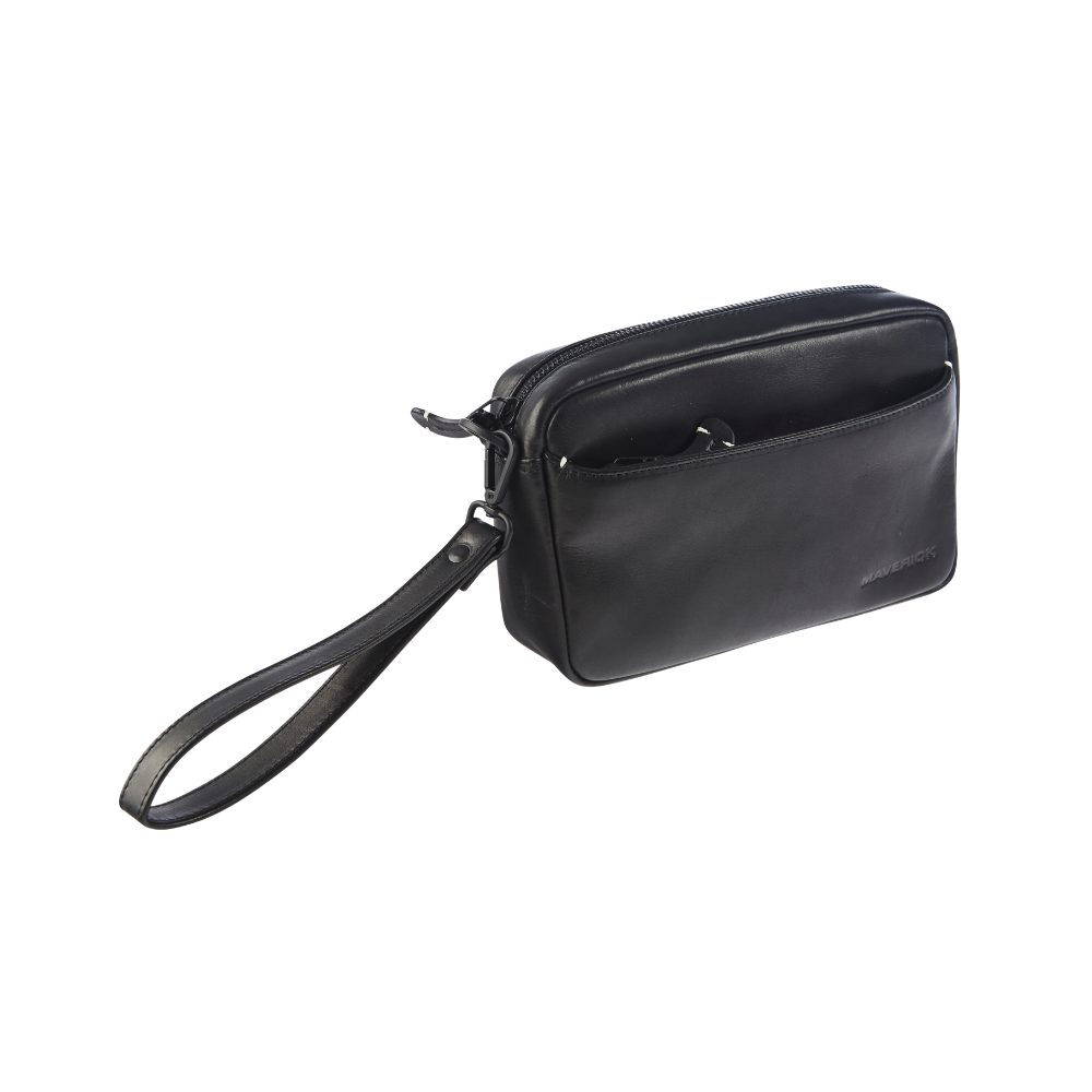 Interior view of the black leather men's clutch showing multiple compartments and an internal organizer.