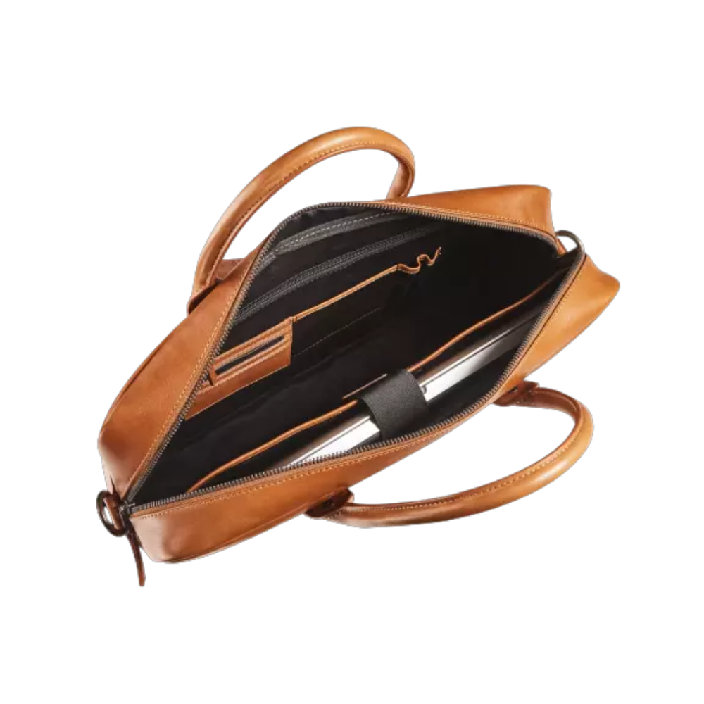 Side view of Maverick New Men Leather Business Bag showing the shoulder strap and outer compartments.