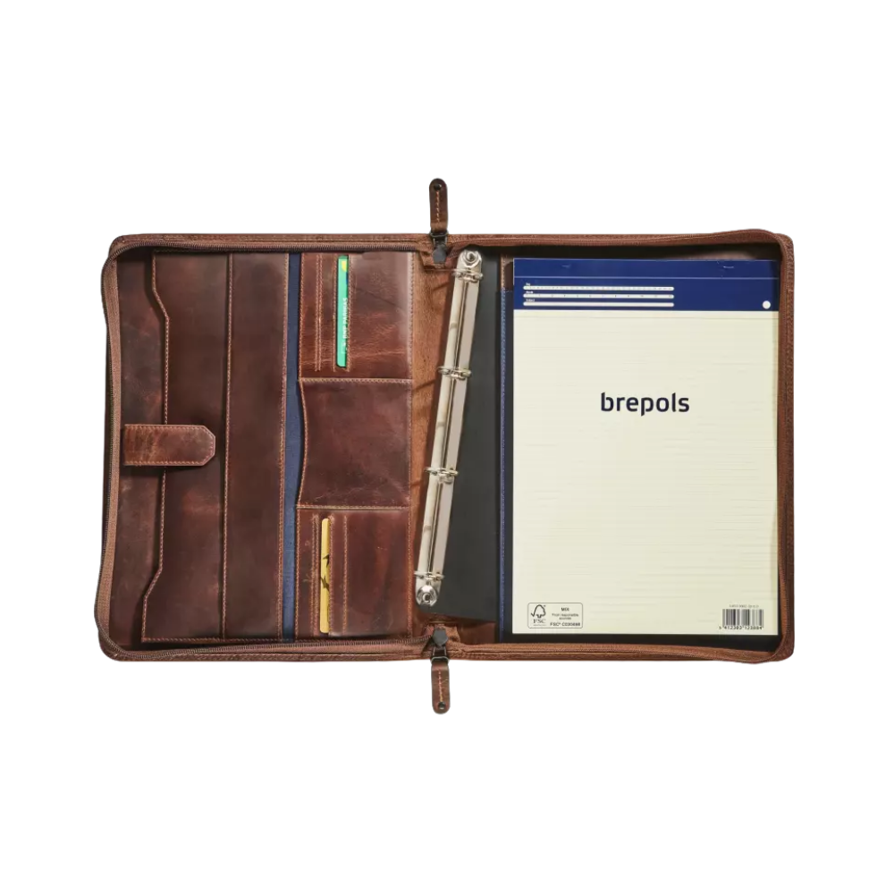 Maverick Leder-Organizer geöffnet mit Notizblock und Kartenfächern