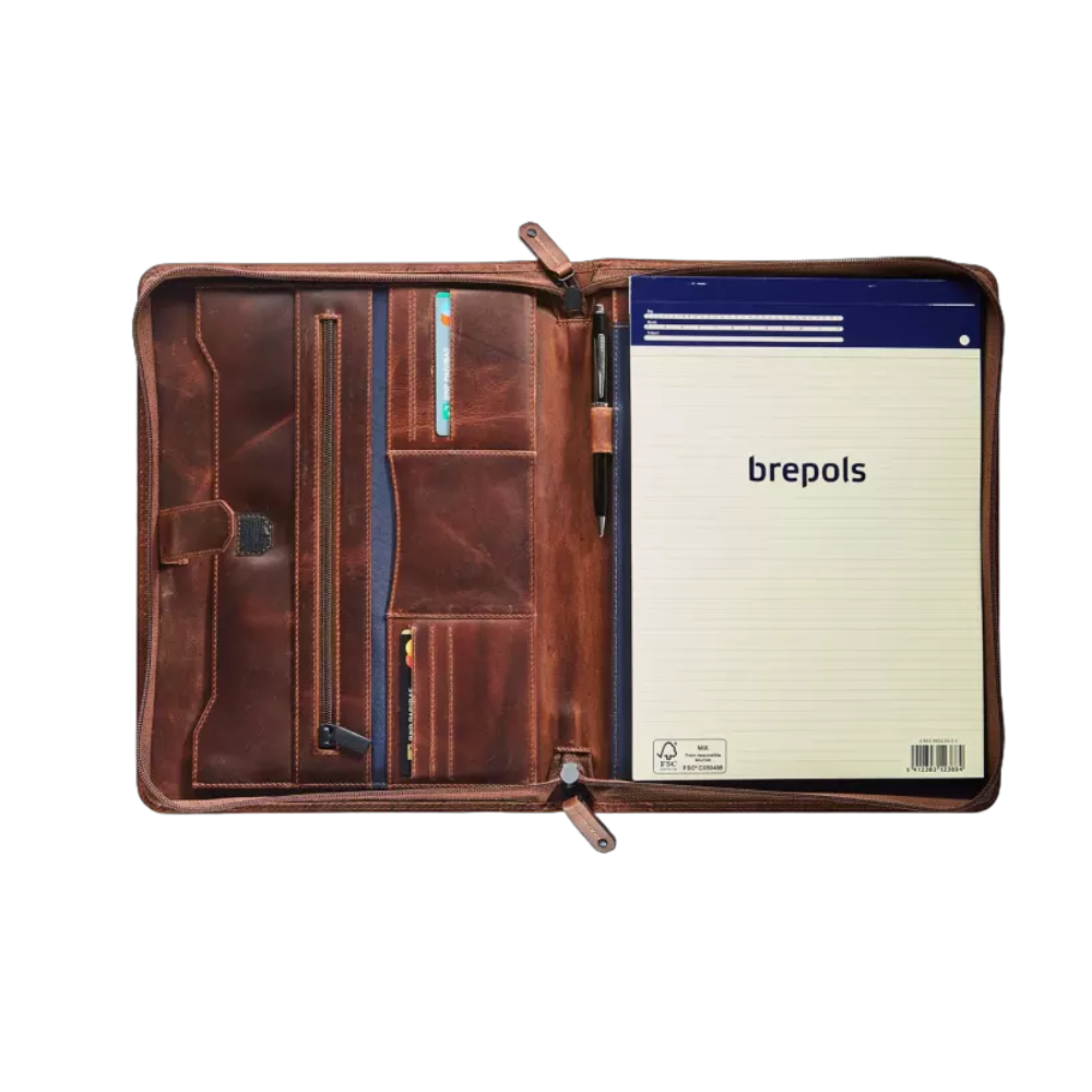 Maverick Leder-Organizer geöffnet mit Notizblock und Kartenfächern"