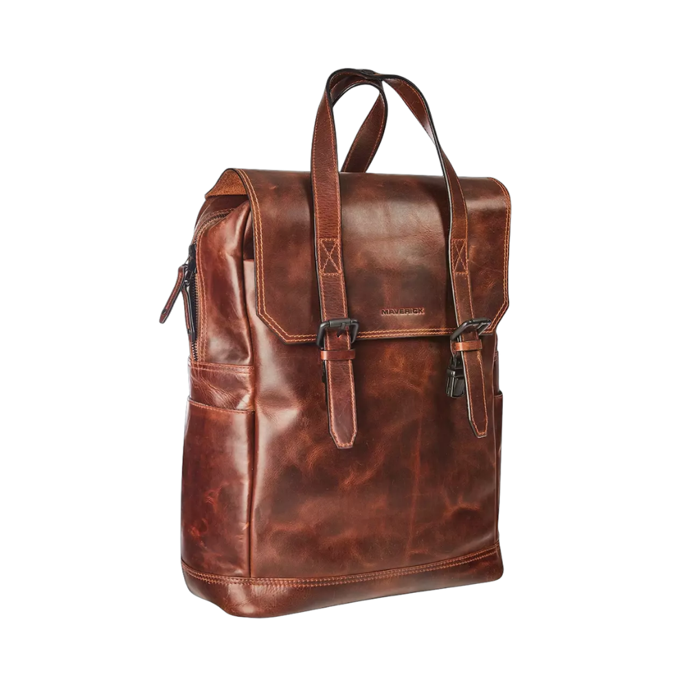 "Maverick Leder-Rucksack, braunes Leder, mit Tragegriffen und Schulterriemen"