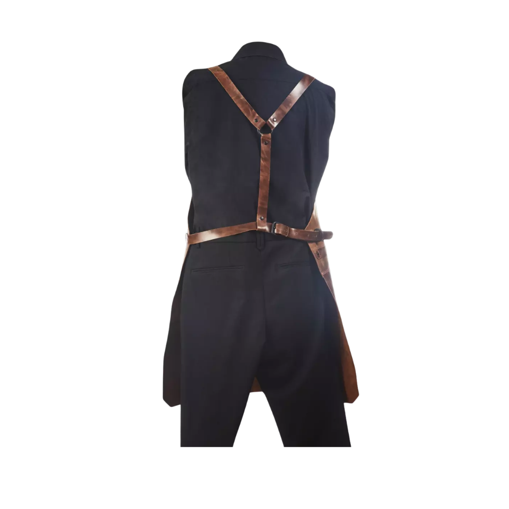"Maverick Leder-Schürze, braunes Leder, Rückansicht mit Trägern"