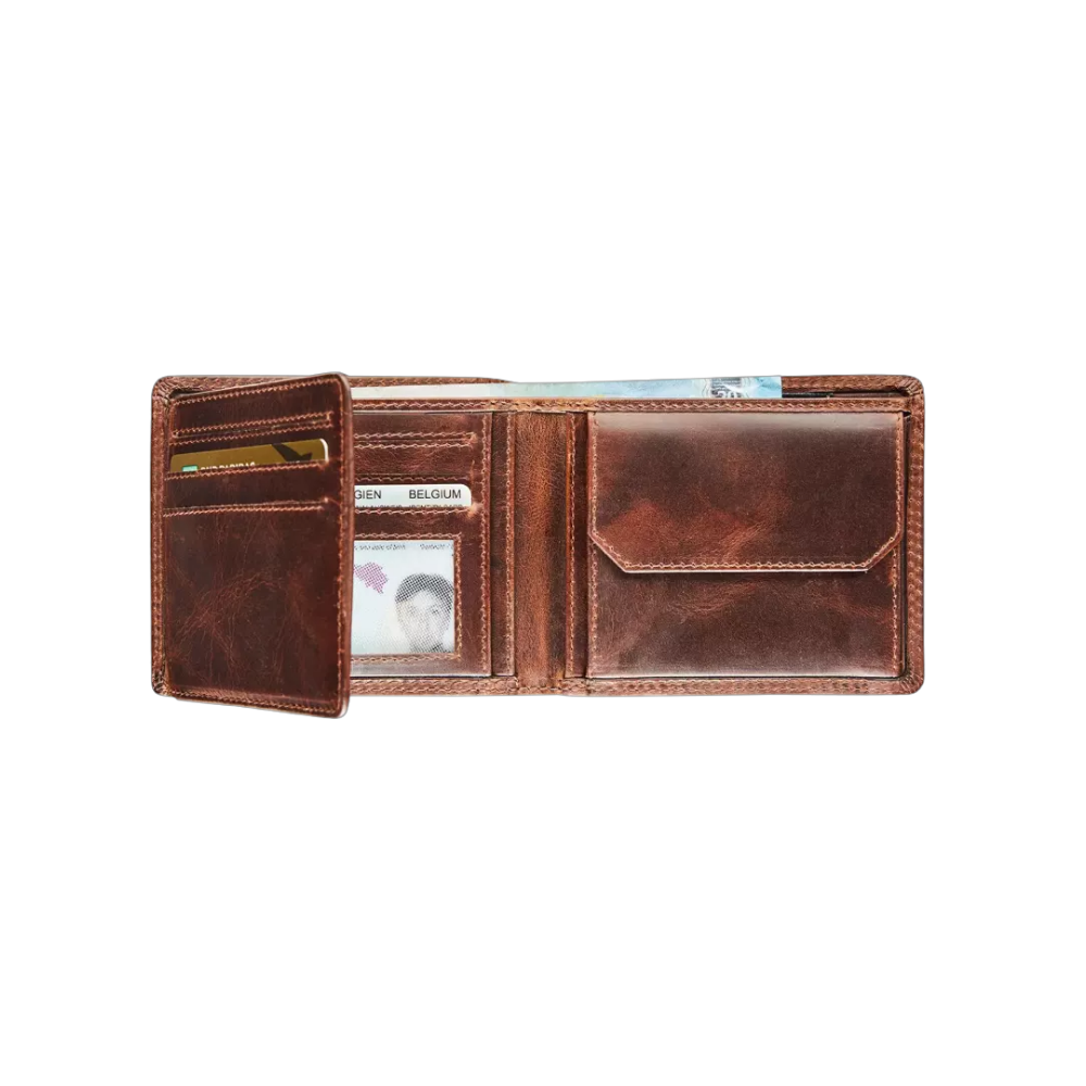 Maverick Leder-Geldbörse geöffnet, mit Kreditkarten und Ausweisfach sichtbar