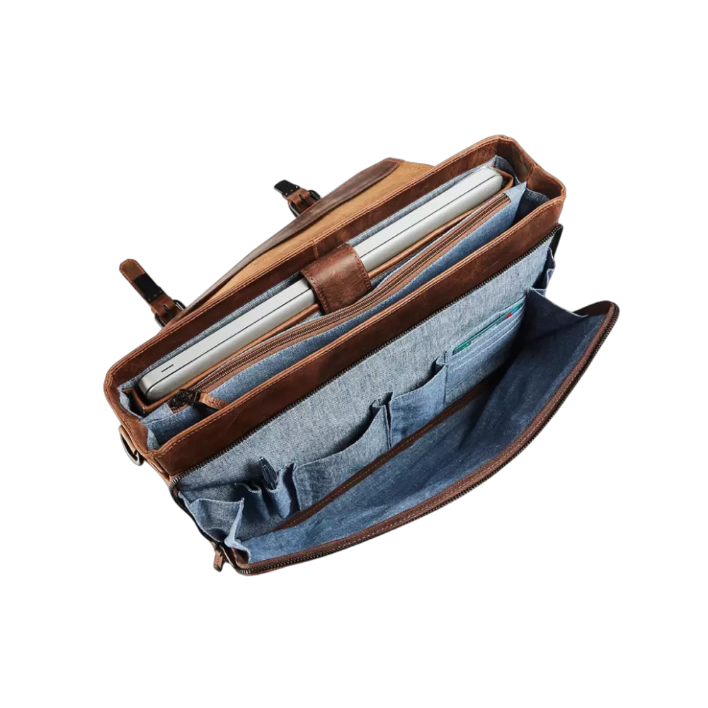 Maverick Leder-Aktentasche geöffnet, Innenansicht mit Fächern