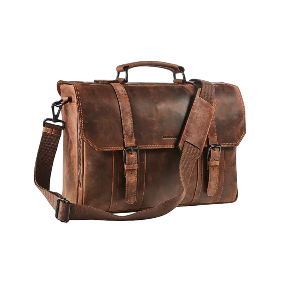 "Maverick Leder-Aktentasche, braunes Leder, geschlossen"