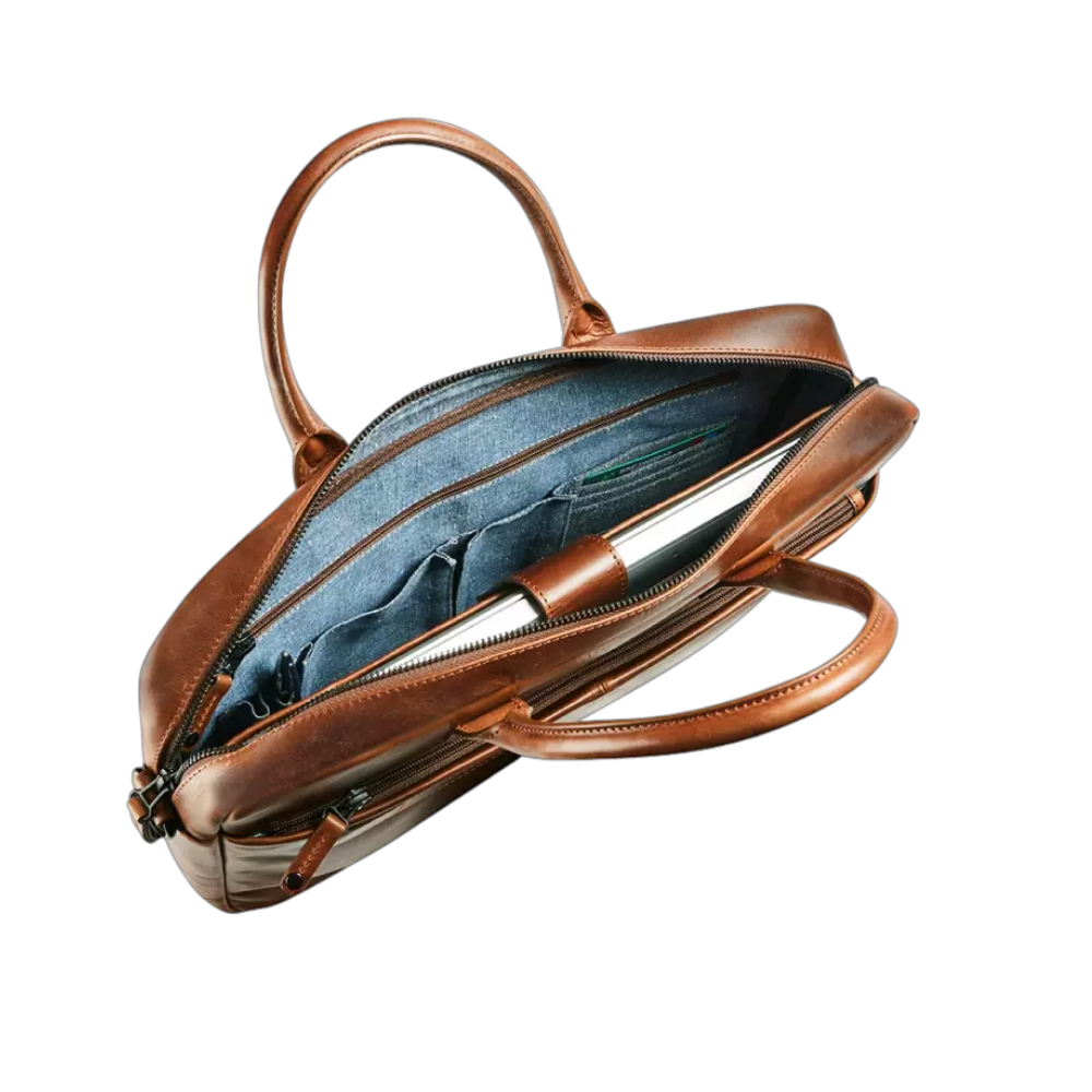 "Maverick Leder-Aktentasche geöffnet, Innenansicht mit Fächern"