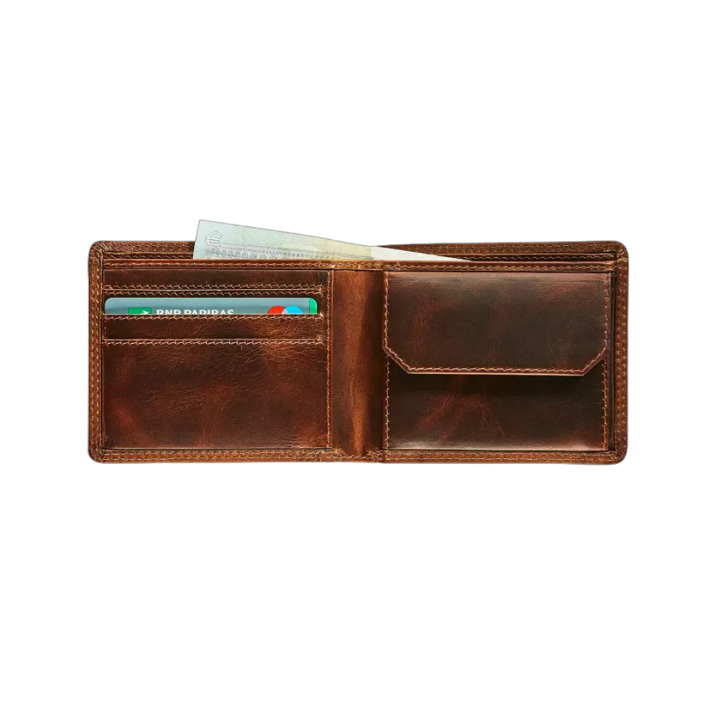 "Maverick Leder-Geldbörse geöffnet, mit Geldscheinfach, Stift und Karten sichtbar"