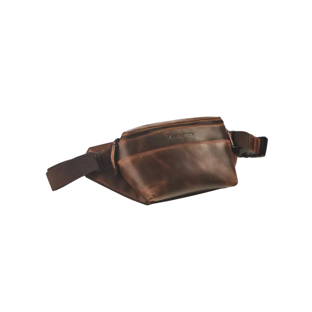 "Maverick Leder-Bauchtasche, braunes Leder, geschlossen"