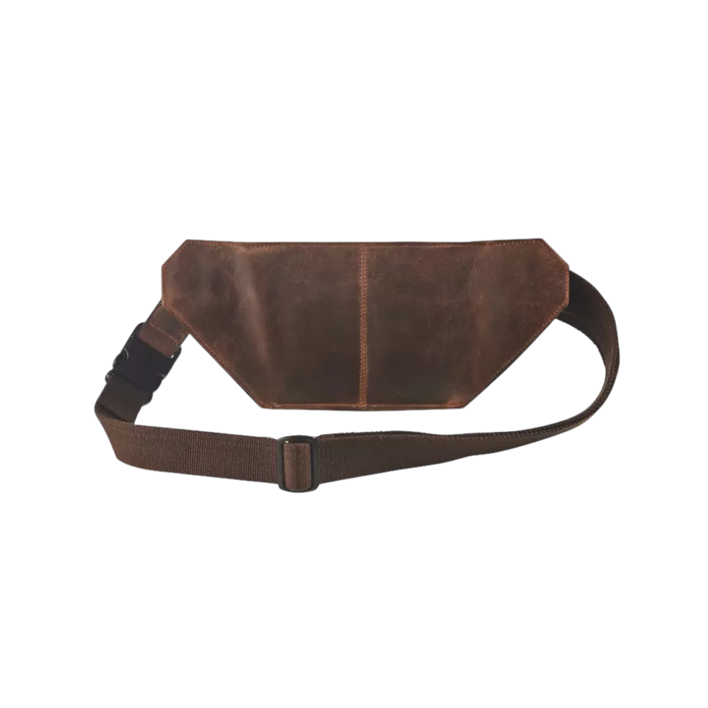 "Maverick Leder-Bauchtasche, braunes Leder, seitliche Ansicht"