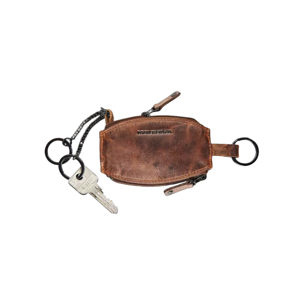 "Maverick Leder-Kleingeldbeutel geöffnet mit Schlüssel und Münzen sichtbar"
