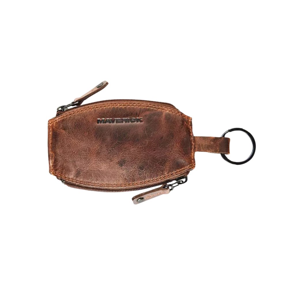 "Maverick Leder-Kleingeldbeutel mit Schlüsselring, braunes Leder, geschlossen"